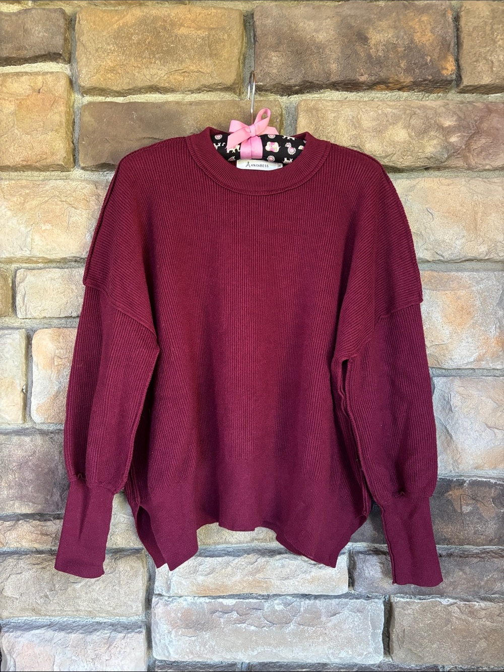 Women's Burgundy Crewneck Sweater with Balloon Sleeves